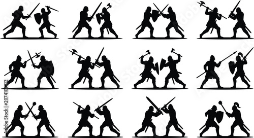 Fotografía Medieval Warrior Combat Silhouette Set with Sword Shield and Battle Pose Collect