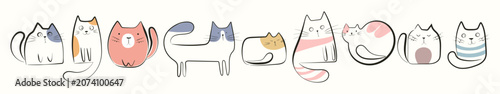 A set of cute cats drawn in a simple line-art style. Charming kittens in various poses and with different facial expressions.