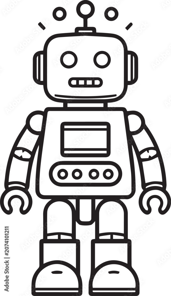 Fototapeta premium A charming, retro-style robot illustration, rendered in a clean, minimalist line art, stands ready for action, evoking a sense of playful futurism and vintage technology.