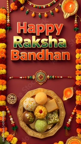 Traditional rakhi with sweets on maroon and golden surface, Raksha Bandhan ritual setup