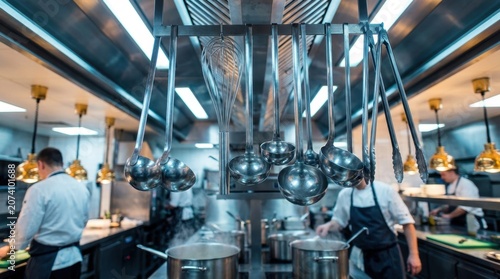 Professional kitchen interior with chefs working, stainless steel equipment, and overhead lighting.