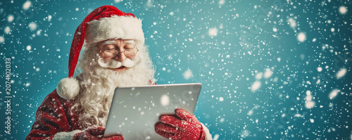 Santa Claus using a laptop or digital tablet during a heavy snowfall against a blue background with copy space. AI generated