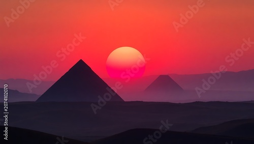 Stunning sunset over the ancient egyptian pyramids in the desert landscape