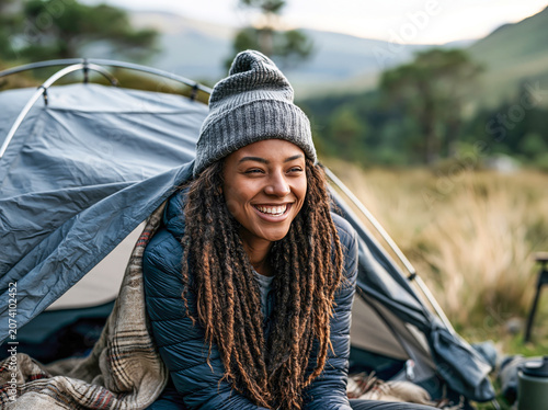 Joyful woman camping in nature with a cozy smile