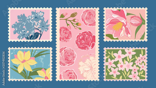 Floral postage stamps with scalloped edges pastel vector illustration