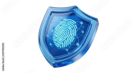 Blue glossy shield with fingerprint and cloud nodes symbolizing biometric security, identity protection, digital safety, privacy access control