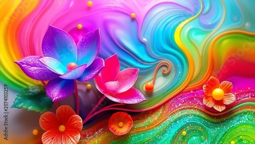 Abstract colorful floral background with vibrant liquid paint swirls and 3d flowers