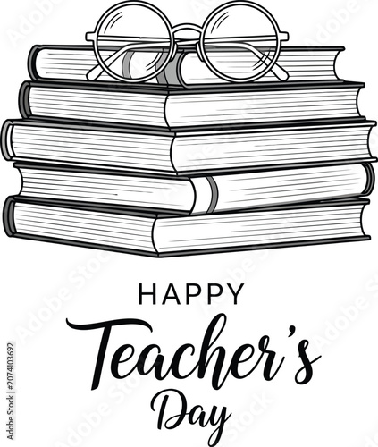 Teacher's day illustration stack of books with glasses black and white sketch