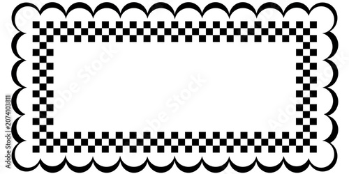 Scalloped Checkered Frame Border with Blank Space for Text. Aesthetic Scalloped Checkered Frame with Blank Text Space. Black and White Race Flag Style Border Template. 