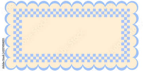 Aesthetic Pastel Scalloped Border Frame with Checkered Pattern. Cute Decorative Label for Invitation and Stationery. Minimalist Soft Yellow and Blue Text Box Backdrop or with Blank Copy Space
