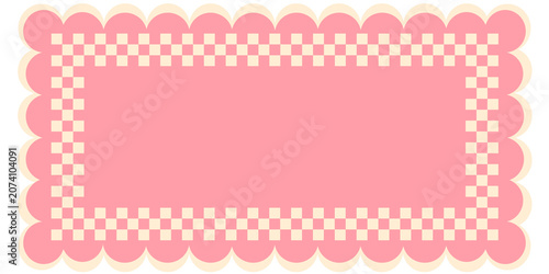Aesthetic Pink Scalloped Frame with Checkered Border - Cute Stationery Template. 