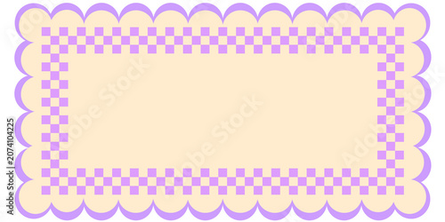 Aesthetic Scalloped Checkerboard Border Frame. Pastel Lavender Checkered Template with Blank Copy Space. Cute Y2K Style Gingham Scallop Banner for Social Media. 