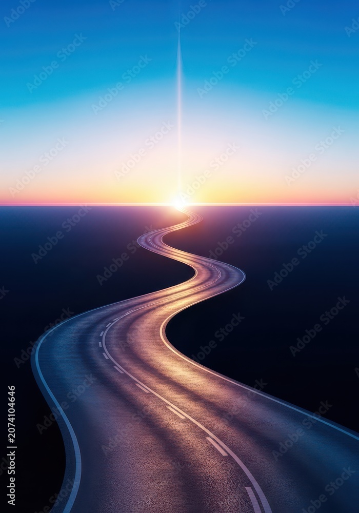 Naklejka premium Strategic journey on a winding road leading toward a bright horizon, representing future goals, corporate direction, and mission planning, success, road, commitment