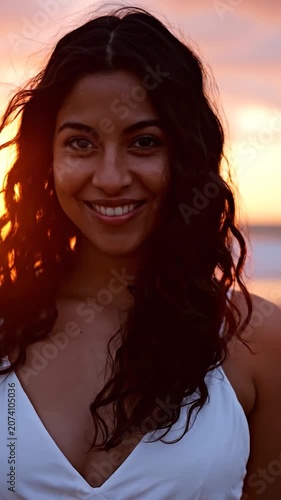 A sunset beach portrait captures a figure in a white dress