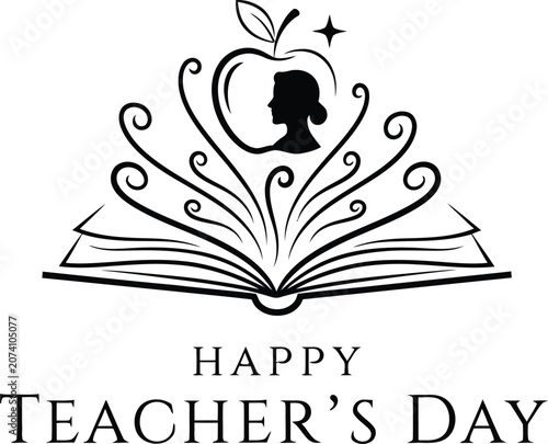 Teacher's day illustration open book apple and silhouette celebrating educators