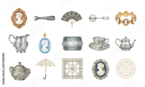 Antique Victorian Clipart Set with Silverware and Cameo Brooches