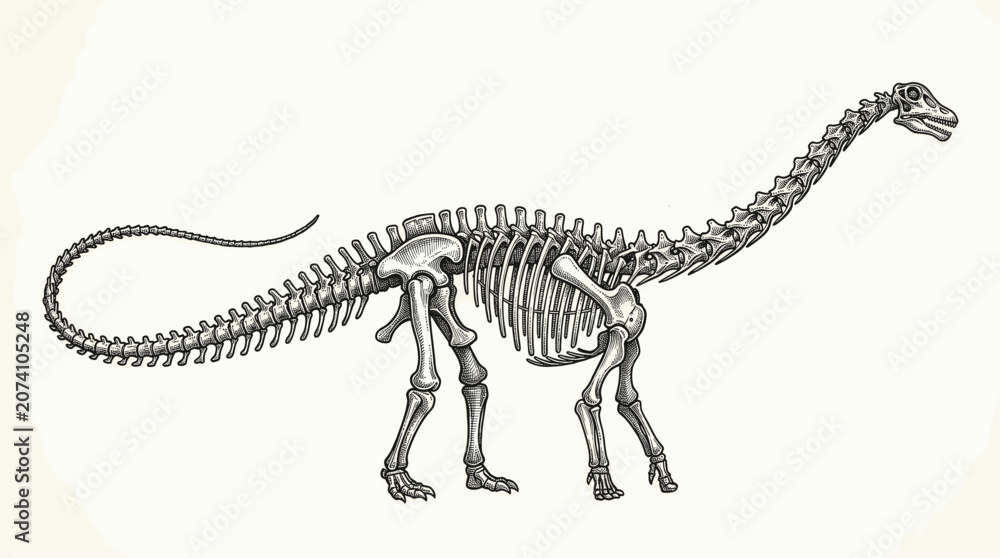 Fototapeta premium Sauropod Dinosaur Skeleton Vintage Ink Engraving Illustration