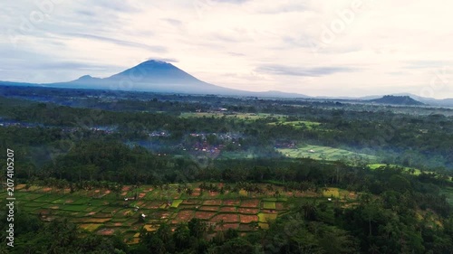 Aerial Drone View of Mancingan Rice Terrace with Mountain at Sunrise, Bali