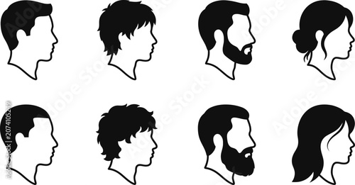 Fényképezés Set of black silhouettes of human heads in profile showing different hairstyles
