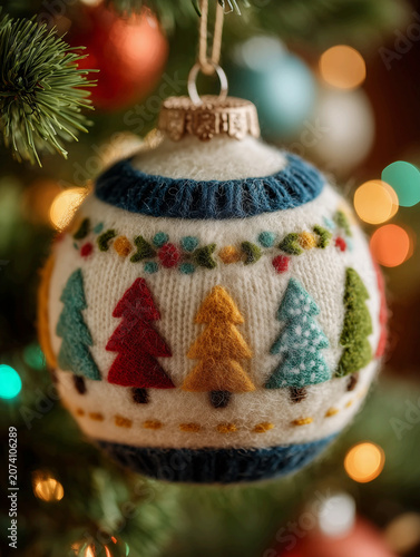Christmas ball ornament with embroidered colorful pine trees hanging on a festive tree branch. AI generated