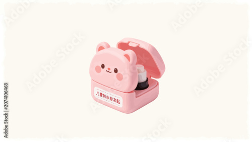 Adorable Pink Plastic Bear-Shaped Container with Cute Face Design and Open Lid Revealing Internal Compartments for Children's Waterproof Name Stickers