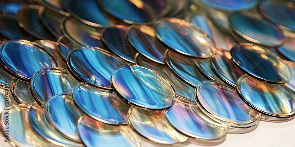 Fototapeta premium Close-Up of Smooth Iridescent Lenses with Vivid Color Patterns Reflecting Light in Circular Discs