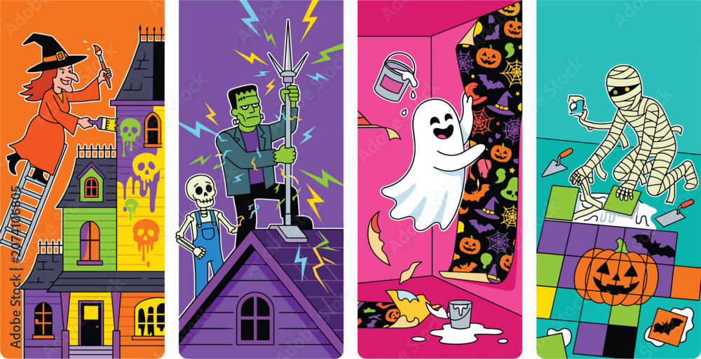 Fototapeta premium Halloween Monster Home Renovation Panel Set with Witch Painting Haunted House Frankenstein Lightning Rod Ghost Wallpaper Mummy Tiling Vector Illustration
