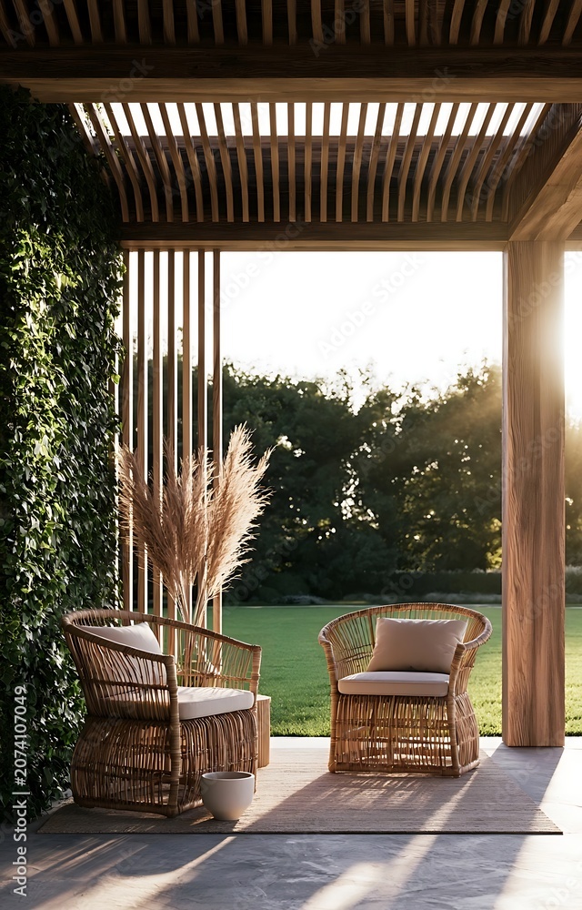 Fototapeta premium Modern outdoor patio with rattan chairs and lush greenery at sunset.