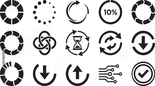 Tableau sur toile Detailed set of black vector loading icons and circular progress indicators for
