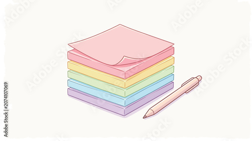 Pastel-colored stack of sticky notes in soft pink, yellow, green, blue, and purple with a matching pencil on white background.