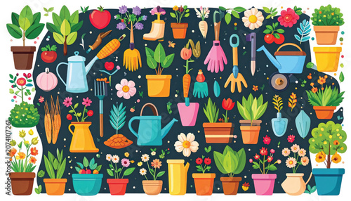 Colorful gardening tools and plants.