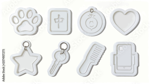 A collection of eight white three-dimensional silicone molds featuring animal paw prints, a mahjong tile, a badge, a heart, a star, a key, a comb, and a smartphone outline for crafting projects