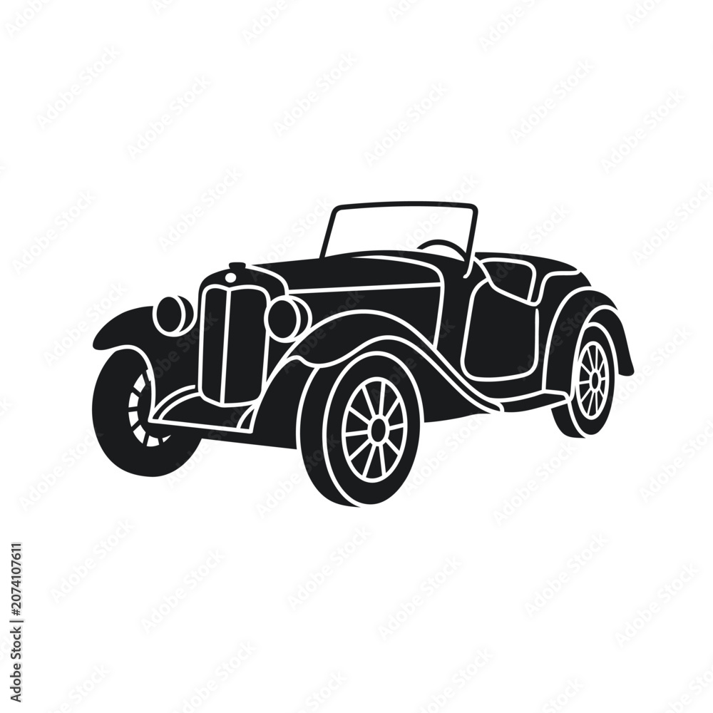Fototapeta premium Vintage 1920s Open Top Touring Car Black and White Vector Icon Set, Classic Antique Automobile Silhouette Collection Isolated on White Background