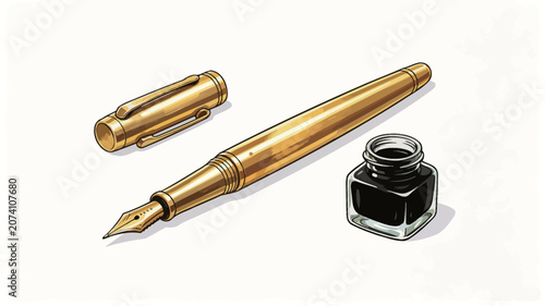 Glossy Golden Fountain Pen With Detachable Cap Lying Beside Clear Square Ink Bottle On Minimalist White Studio Background