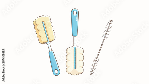 Illustrated flat cleaning set featuring two sponge brushes and a flexible pipe brush on white background with blue handles