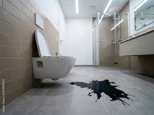 A mysterious black liquid spill on a modern bathroom floor