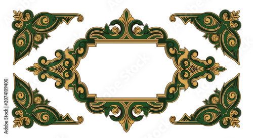Ornate Decorative Frame Element - Green and Gold Swirls on White Background