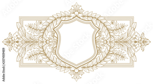 Ornate Shield Emblem with Laurel Wreath and Floral Details