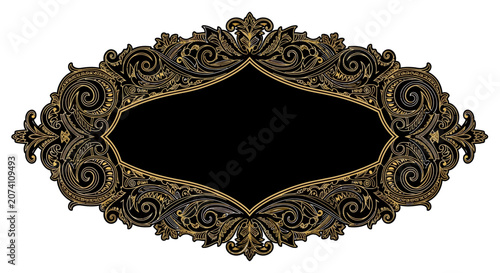 Ornate oval frame with black background and gold decorative elements