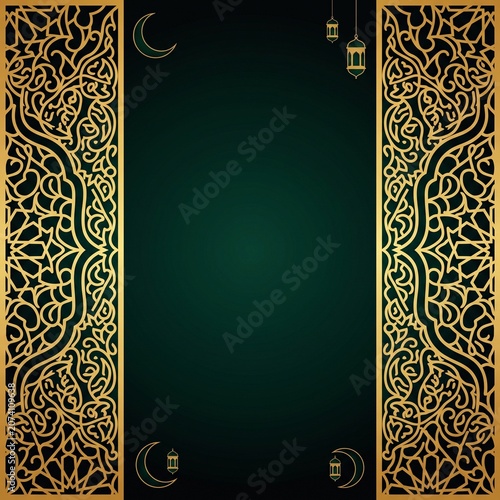 Wide Muharram banner, dark green to black gradient, ornate gold borders, crescent and lantern accents, empty center space.