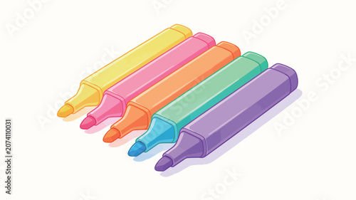 Vibrant Isometric Illustration of Colorful Marker Pens Arranged in a Diagonal Line on a Clean White Background