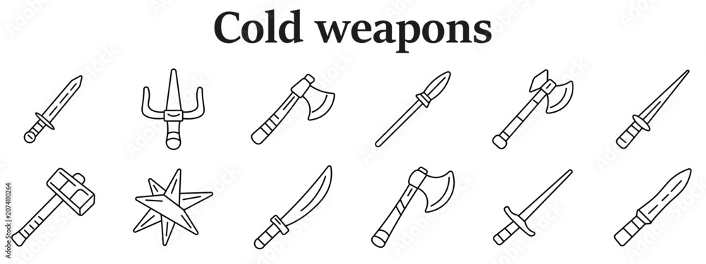 Naklejka premium Cold weapons set icon. Sword, trident, battle axe, spear, double axe, dagger, war hammer, shuriken star, curved blade, long sword variations line style