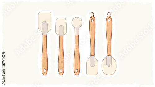 A charming set of five wooden-handled silicone kitchen utensils featuring spatulas, brushes, and scrapers displayed vertically in a soft beige and natural wood palette on a clean background.