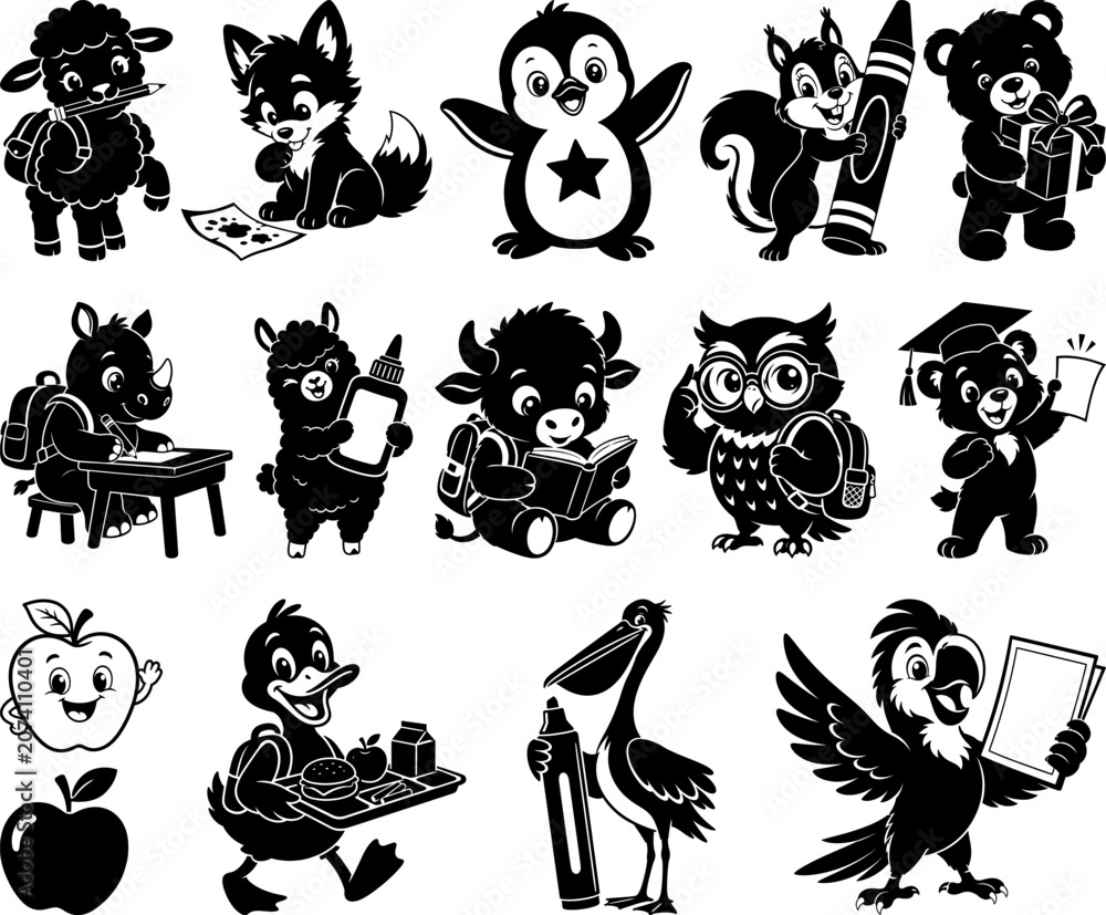 Fototapeta premium Cute School Animal Mascot Collection Vector Illustration Cartoon Education Characters Learning Reading Writing and Classroom Activities for Kids Design