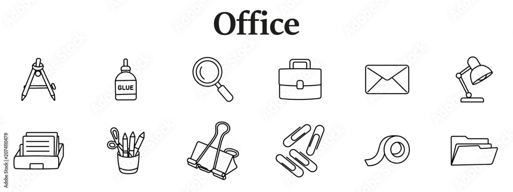 Fototapeta premium Office workspace set icon. Compass tool, glue bottle, magnifier, briefcase, envelope, desk lamp, document tray, scissors holder, binder clip, paper clips, tape, folder line style.