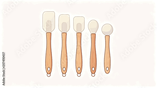 Set of Five Kitchen Tools with Wooden Handles and Silicone Heads for Baking and Cooking in Flat Vector Style, Ideal for Pastry Preparation and Baking Enthusiasts