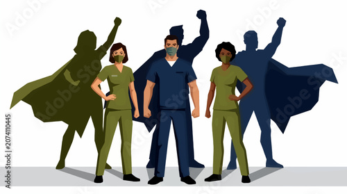 Photos Medical Superheroes: Two Diverse Female and One Male Healthcare Professionals in