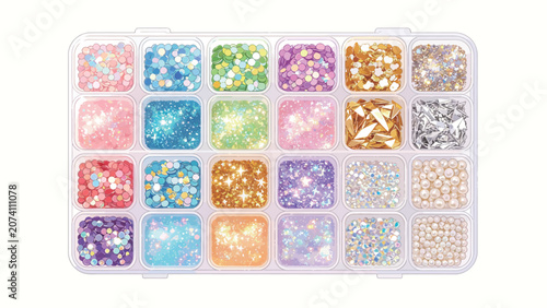 Vibrant Collection of Glitter, Sequins, and Pearls in an Organized Grid Display for Arts and Crafts Inspiration