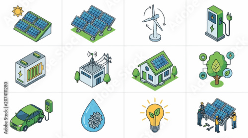 фотографія Renewable energy technology icons collection flat design.