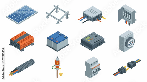 Fotografía Collection of electrical and solar power components.